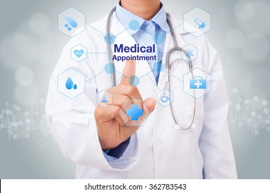 Doctor Hand Touching Medical Appointment Sign On Virtual Screen. Medical Concept