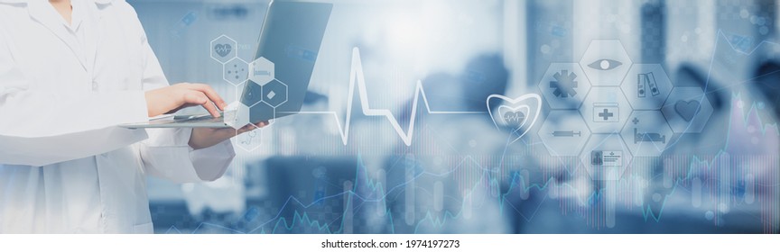 Doctor Hand Working With Laptop Computer,concept Online Marketing Business Of Medical,healthcare,insurance With Stock Graph And Diagram,medical Examination Analysis Report,banner Panoramic Header