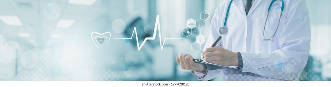 Doctor hand working with report information,concept of emergency treatment and medical services,healthcare,diagram,medical examination analysis report,medicine technology network,web banner header - Shutterstock ID 1979028128