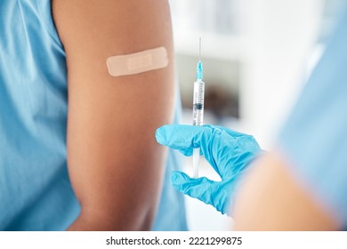 Doctor Hands, Covid Vaccine Or Band Aid On Arm After Global Virus Injection In Security, Safety Or Wellness Life Insurance. Zoom, Medical Nurse Or Healthcare Worker And Plaster For Hospital Black Man