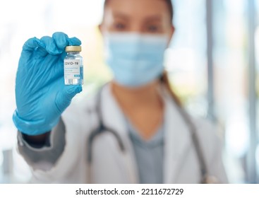 Doctor Hands, Covid Vaccine Medicine Bottle And Serum For Risk, Healthcare And Wellness Safety. Closeup Corona Virus Medical Development, Pharmaceutical Innovation And Covid 19 Science Drug Test Cure