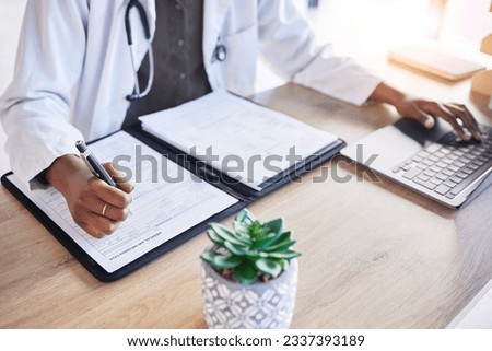 Doctor hands, insurance and writing at desk, typing and laptop for report, results or ideas for healthcare. Medic, book and pen for paperwork, compliance and info in notebook by computer in hospital