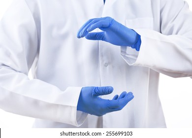 Doctor hands in medical gloves showing sign on white background