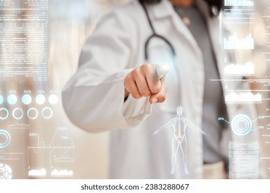 Doctor, hands and medical screen hologram, biometric data and healthcare dashboard for futuristic technology. Professional person press, fingerprint and anatomy research, results and clinic overlay - Powered by Shutterstock