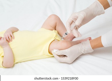 Doctor Hands In Rubber Protective Gloves Holding Syringe. Infant Receiving Vaccine In Leg. Visit To Pediatrician At Hospital. Two Month Old Baby. Close Up. 