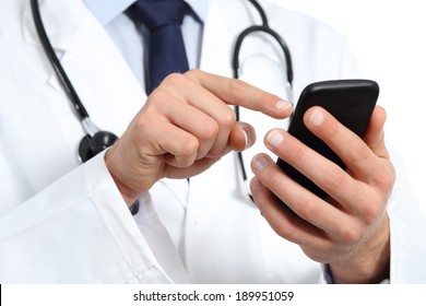 Doctor Hands Texting On A Smart Phone Isolated On A White Background