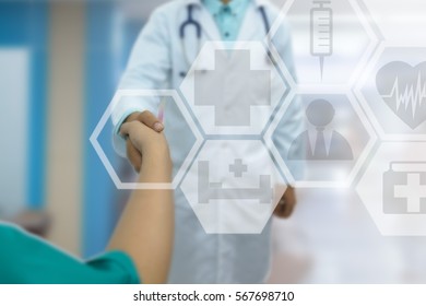 Doctor Handshake Partnership.  Communication  With A Network Technology Digital For The Treatment Of Patients. A Success.  Medical Network Concept