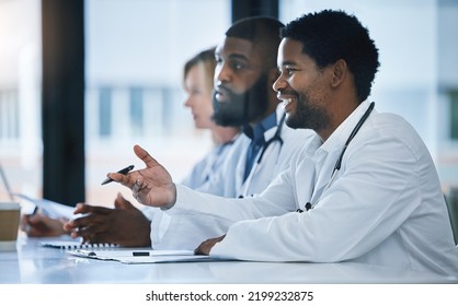 Doctor Have Discussion About Medical Document In A Meeting Together At Work. Healthcare Workers Talking And Planning, Communication And Strategy In A Hospital Office Or Boardroom