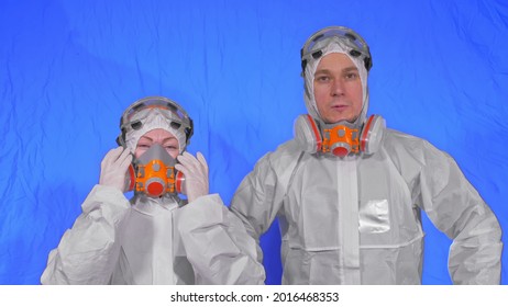 Doctor Health Worker In Respirator. Slow Motion. People Portrait, Wearing Protect Medical Antibacterial Antiviral Aerosol Spray Paint Mask.