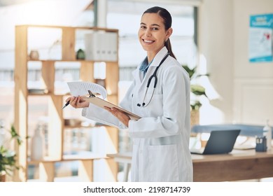 Doctor, Healthcare And Consulting With A Medical Or Health Professional Reading Paperwork In The Hospital. Trust, Insurance And Medicine With A Woman In A Clinic For Health, Wellness And Medicare