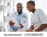 Doctor, healthcare and medicine with a patient talking test results and progress on a tablet in a hospital clinic. Trust, help and medical consulting with a professional medicare worker in his