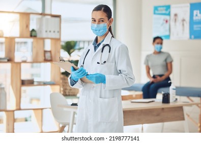 Doctor, Healthcare Worker And Medical Expert Doing Consultation With Patient With Covid Mask, Consulting For Health At Hospital And Giving Service At A Clinic. Portrait Of Nurse Working In Nursing