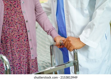 Doctor Help Asian Elderly Woman Disability Patient Walk With Walker In Nursing Hospital, Medical Concept.