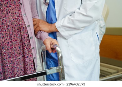 Doctor Help Asian Elderly Woman Disability Patient In Nursing Hospital, Medical Concept.