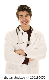 A doctor with his arms folded with a smile on his face.