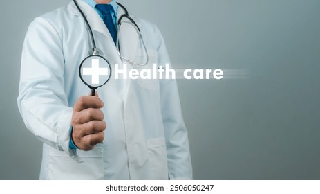 Doctor hold magnifying glass with plus sign, Health insurance and medical check up concept, Medical information search, Concept of treating disease, Insurance concept, Concept for commercial business. - Powered by Shutterstock