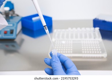 Doctor Holding Blood Tube Test In The Research Laboratory.Corona Virus Pandemic Concept.Coronavirus Vaccine Development