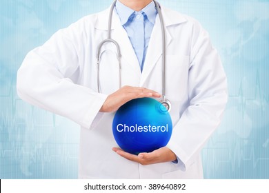 Doctor holding blue crystal ball with cholesterol sign on medical background.