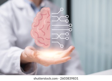 Doctor holding brain artificial intelligence technology help diagnosis disease treatment healthcare science research concept medicine hospital datum ai analysis futuristic digital computer scan