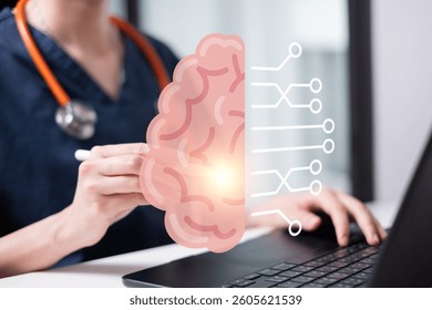 Doctor holding brain artificial intelligence technology help diagnosis disease treatment healthcare science research concept medicine hospital datum ai analysis futuristic digital computer scan