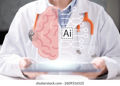 Doctor holding brain artificial intelligence technology help diagnosis disease treatment healthcare science research concept medicine hospital datum ai analysis futuristic digital computer scan