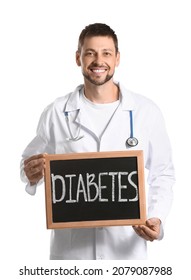 Doctor holding chalkboard with word DIABETES on white background