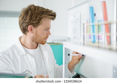 Doctor Holding A Clipboard While Writing On Whiteboard