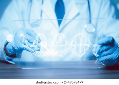 A doctor is holding a DNA strand in his hands. Concept of scientific discovery and exploration