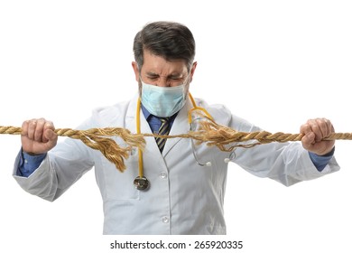 Doctor Holding Frayed Rope Isolated Over White Background