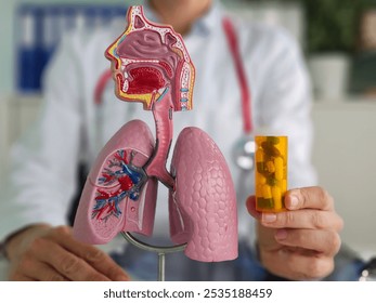 Doctor holding lung model with medicine bottle in clinic. Lung cancer, asthma, chronic obstructive pulmonary disease or COPD, bronchitis, emphysema and cystic fibrosis - Powered by Shutterstock