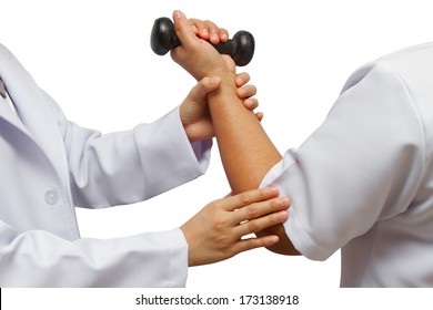 Doctor holding patient 's elbow for rehab weight training - Powered by Shutterstock