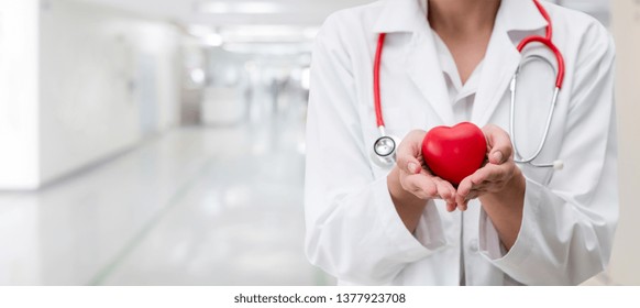 Doctor Holding A Red Heart At Hospital Office. Medical Health Care And Doctor Staff Service Concept.