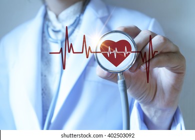 Doctor Holding Stethoscope With Icon Health , E-Health Concept 