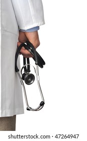 Doctor holding stethoscope isolated on white background