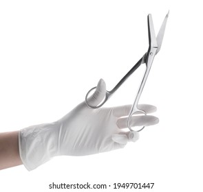 Doctor Holding Surgical Scissors On White Background, Closeup. Medical Instrument