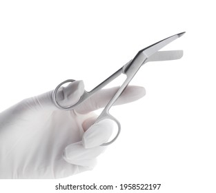 Doctor Holding Surgical Scissors On White Background, Closeup. Medical Instrument