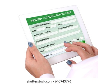 Doctor Holding Tablet Computer In Hand That Show The Report Form Of Incident Or Accident Information On White Background.