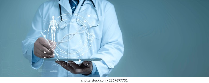 Doctor holding tablet with virtual interface with analysis chromosome DNA genetic of human.Digital healthcare and network connection on modern interface, medical technology and futuristic concept.