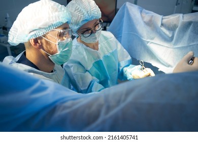 Doctor Holding Tissue With Clamps While Nurse Cutting With Scissors