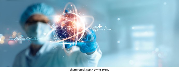 Doctor holding virtual globe with healthcare network connection. Science and medical innovation technology develop sustainable smart services and solutions in global research and development.
