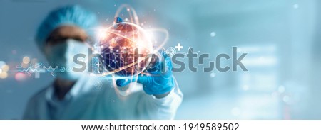 Doctor holding virtual globe with healthcare network connection. Science and medical innovation technology develop sustainable smart services and solutions in global research and development.