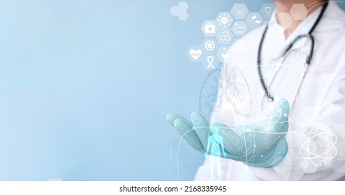 Doctor Holding Virtual Lungs In Hand. Handrawn Human Organ, Healthcare Hospital Service Concept, Using Intelligence Software Of Innovative Medical Technology. Healthcare Services