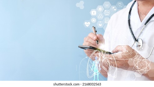 Doctor Is Holding Virtual Lungs In His Hands. Handdrawn Human Organ, Healthcare Hospital Service Concept, Utilizing Innovative Medical Technology Intelligence Software Medical Services