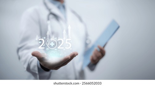 Doctor holds glowing "2025" numbers, emphasizing futuristic healthcare trends and progress. Represents innovation and advancements in the medical field digital health trends and futuristic solution