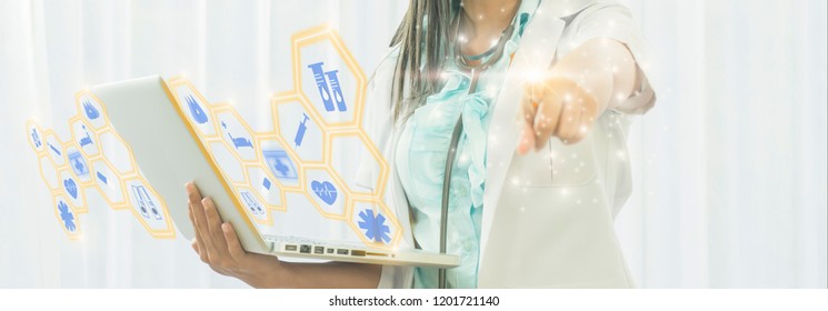 Doctor Holds Laptop In Hand,medical Blue Icons On White Background,for Web Banner Horizontal Panoramic,Concepts About Network Medical Technology And Data  Collection,treatment Analysis Patient Symptom