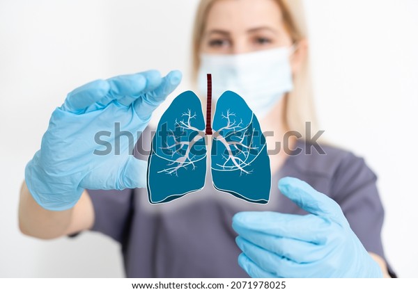 the doctor holds the lungs organ symbol.\
Awareness of lung cancer, pneumonia, asthma, COPD, pulmonary\
hypertension, world no tobacco day and eco air pollution.\
Respiratory and chest\
concept.