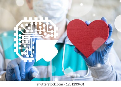 Doctor holds a red heart and push a circuits chip with arrow button on a virtual screen. Nano Microchips Medical Technology Integrate. Artificial Pacemaker Heart Implant. - Powered by Shutterstock