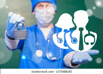 Doctor Holds Vintage Padlock And Give Team Of Doctors Icon. Security Employee Rights Harassment Healthcare Concept.