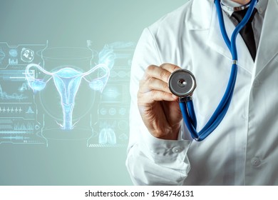 Doctor and hologram of the female organ of the uterus. Medical examination, women's consultation, ultrasound, gynecology, obstetrics, pregnancy, modern medicine
