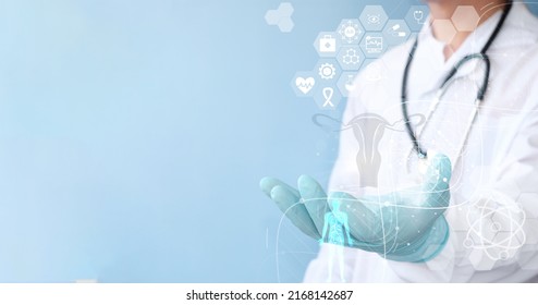 Doctor And Hologram Of The Female Uterine Organ. Gynecology, Obstetrics, Pregnancy, Modern Medicine, Medical Examination, Women's Consultation, Ultrasound